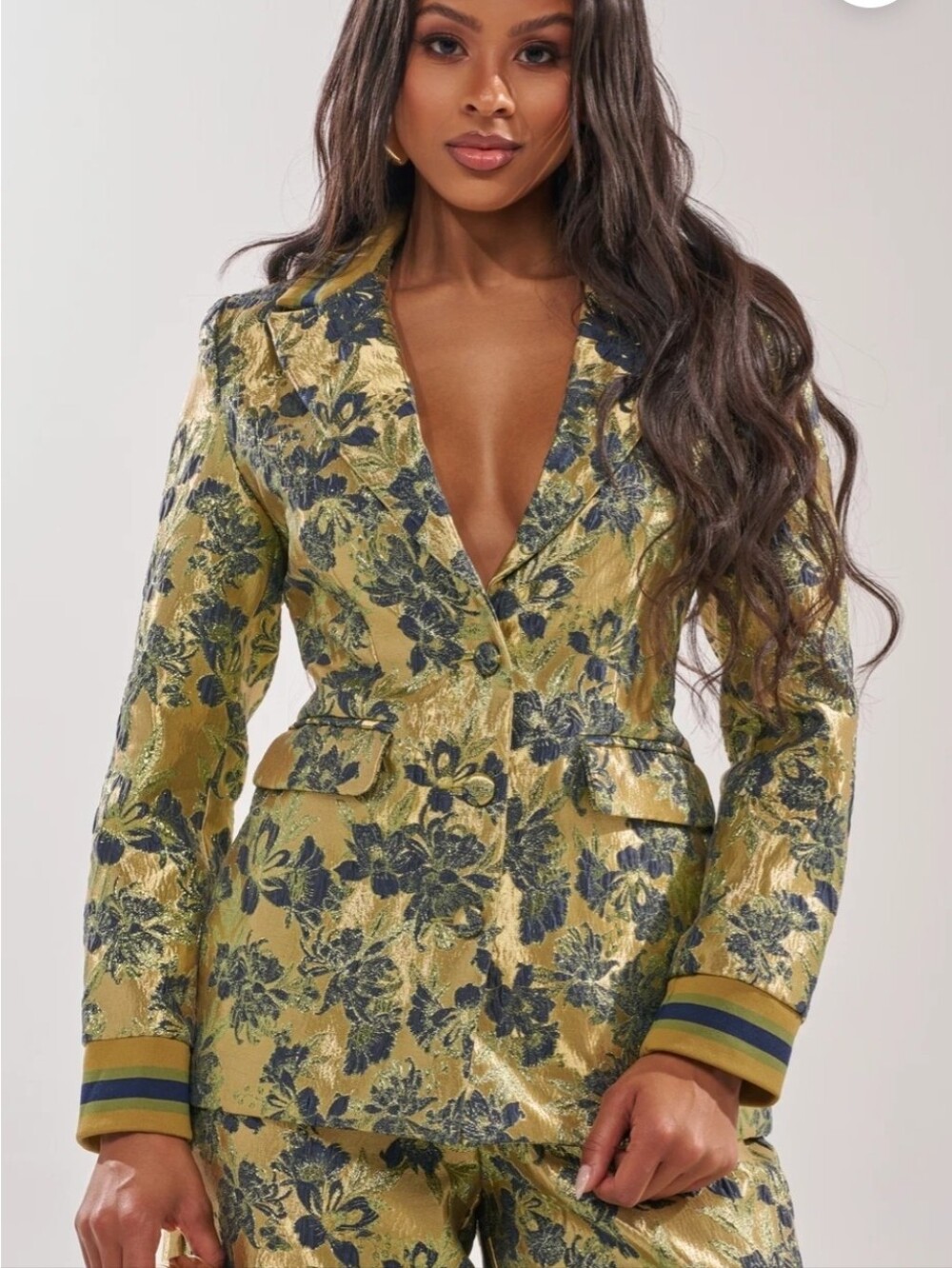 AKIRA Gold and Navy Floral Jacquard Blazer